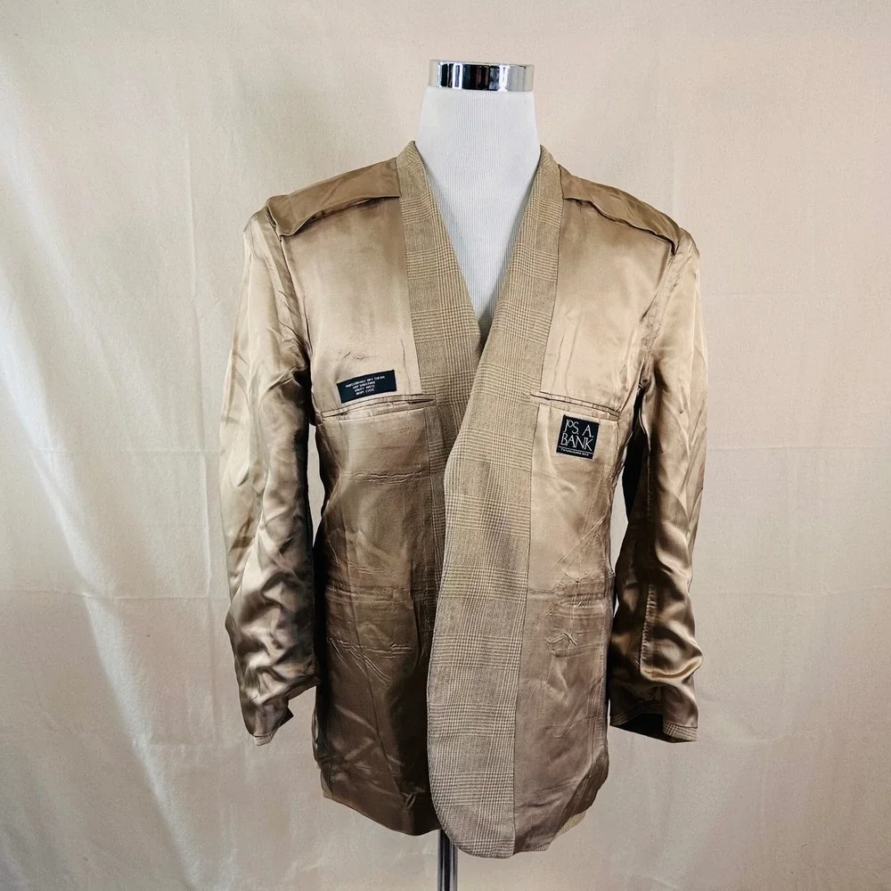 Jos. A. Bank 42S Sport Coat Silk Wool Beige Glen Plaid Two Button Lined Vented